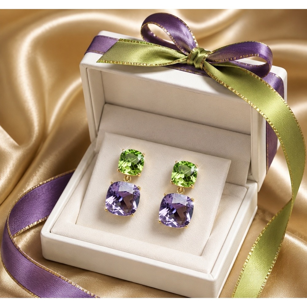 Cushion Cut Green and Purple Crystal Drop Earrings Gold Tone Statement Jewelry